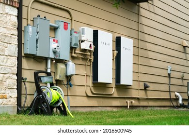 Austin , Texas , USA - July 19th 2021: Micro Grid Power Plant From Tesla Powerwalls In A Virtual Power Plant