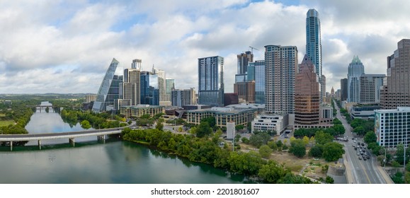 Austin, Texas, USA. July 8th, 2022. Aerial Panoramic Shot Of Downtown Austin.