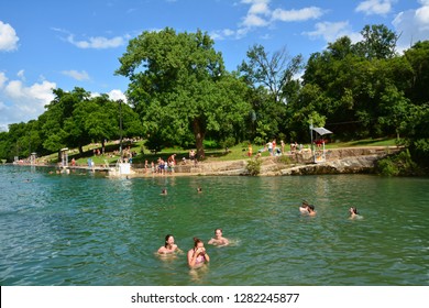 Austin, Texas, USA - June 12, 2015. Barton Springs Pool In Austin, TX, With People.