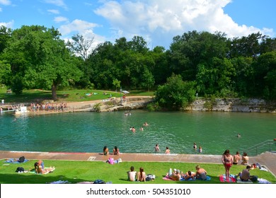 AUSTIN, TEXAS, USA - JUNE 12, 2015. Barton Springs Pool In Austin, TX, With People.