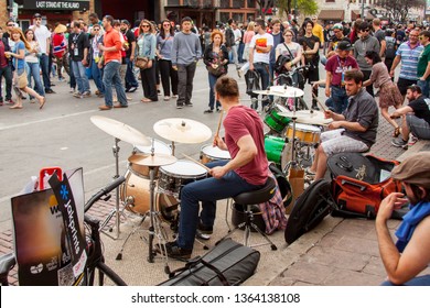 Austin, Texas / USA - March 14th, 2014:  During The Annual Music Festival Musicians Set Up To Play On Sixth St In Austin