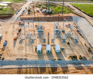 Austin, Texas , USA - March 26th 2021: Tesla Power Plant Switch Yard At Giga Texas The Power Supply Connecting Giga Texas Factory To The Electrical Grid 