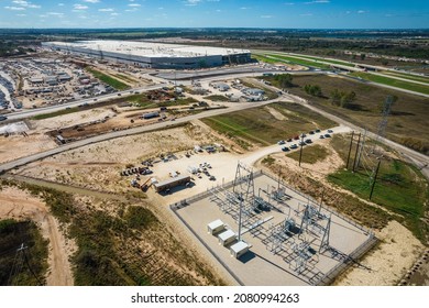 Austin,  Texas , USA - November 15th 2021: Tesla Gigafactory Texas And Electric Power Grid Sub Station 