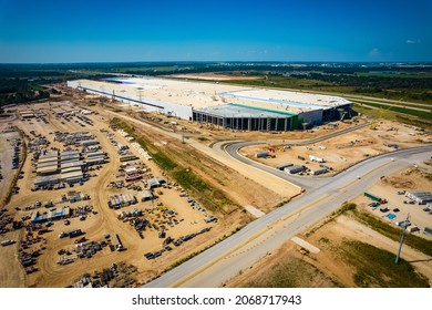 Austin , Texas , USA - October 21th 2021: The Tesla Texas GigaFactory With The Construction Almost Completed The Massive Electric Vehicle Factory Will Be In Production In 2022