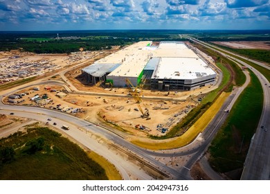 Austin , Texas , USA - September 10th 2021: Tesla GigaFactory Austin Texas Aerial Drone View From Above The Largest Construction Project In America Building Future Electric Cybertruck And Batteries