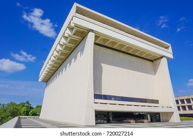 AUSTIN, TEXAS, USA - SEPTEMBER 17, 2017: The Front And Side Exterior Of The Lyndon Baines Johnson Library And Museum