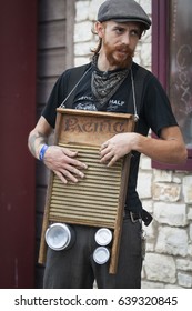 AUSTIN, TEXAS/USA - MARCH 2011: Street Performer Playing The Washboard On Congress Avenue. 