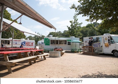 Austin, TEXAS/USA - September 11, 2017: Food Truck Trailers And Open Air Dining Area At The Picnic Food Truck Park