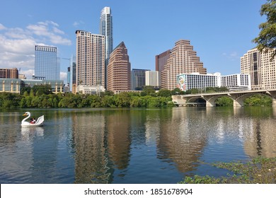 AUSTIN, TX -18 SEP 2020- View Of Swan Pedal Boats On The Lady Bird Lake In Downtown Austin, Texas, United States.