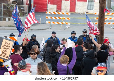 AUSTIN, TX, JANUARY 19, 2020:
President Trump Motorcade Route Enforcement By Austin Police Outside Convention Center Where Trump Spoke To Texas Farmers Of American Farm Bureau Federation.