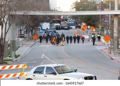 AUSTIN, TX, JANUARY 19, 2020:
President Trump Motorcade Route Enforcement By Austin Police Outside Convention Center Where Trump Spoke To Texas Farmers Of American Farm Bureau Federation.