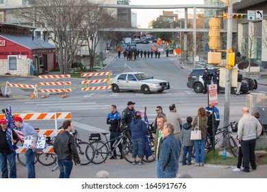 AUSTIN, TX, JANUARY 19, 2020:
President Trump Motorcade Route Enforcement By Austin Police Outside Convention Center Where Trump Spoke To Texas Farmers Of American Farm Bureau Federation.