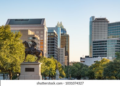 AUSTIN, TX - OCTOBER 28, 2017: Statue And Skyline Of Downtown Austin, Texas