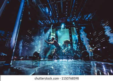 AUSTIN, TX / USA - August 2nd, 2018: Dan Reynolds Of Imagine Dragons Performs Onstage At Austin360 Amphitheater.