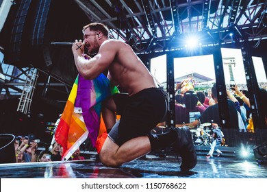 AUSTIN, TX / USA - August 2nd, 2018: Dan Reynolds Of Imagine Dragons Performs Onstage At Austin360 Amphitheater.