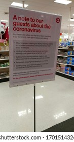 Austin, TX / USA - March 17 2020: A Health And Safety Bulletin About The Coronavirus Is Presented To Shoppers As They Enter This Target Department Store.