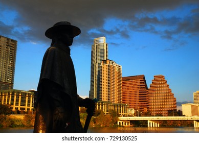 Austin, TX, USA November 10 A statue of musician Stevie Ray Vaughn stands beside Town Lake in Austin Texas.  Vaughn, a native of Austin, was killed in a plane crash.in 1990.