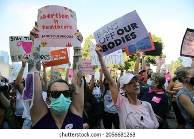 Austin, TX, USA - Oct. 2, 2021: Women Participants At The Women's March Rally At The Capitol Protest SB 8, Texas' Abortion Law That Effectively Bans Abortions After Six Weeks Of Pregnancy.