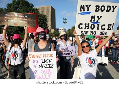 Austin, TX, USA - Oct. 2, 2021: Women Participants At The Women's March Rally At The Capitol Protest SB 8, Texas' Abortion Law That Effectively Bans Abortions After Six Weeks Of Pregnancy.