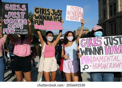 Austin, TX, USA - Oct. 2, 2021: Women Participants At The Women's March Rally At The Capitol Protest SB 8, Texas' Abortion Law That Effectively Bans Abortions After Six Weeks Of Pregnancy.