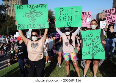 Austin, TX, USA - Oct. 2, 2021: Women Participants At The Women's March Rally At The Capitol Protest SB 8, Texas' Abortion Law That Effectively Bans Abortions After Six Weeks Of Pregnancy.