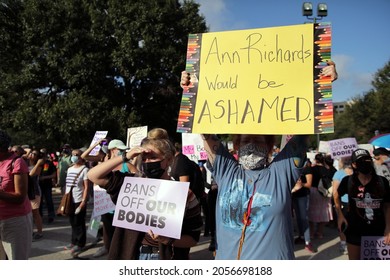 Austin, TX, USA - Oct. 2, 2021: Two Women Participants At The Women's March Rally At The Capitol Protest SB 8, Texas' Abortion Law That Effectively Bans Abortions After Six Weeks Of Pregnancy.