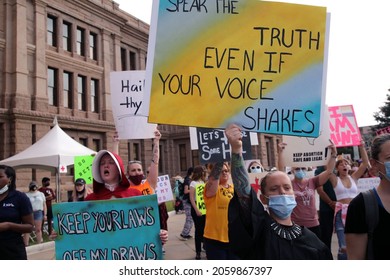 Austin, TX, USA - Oct. 2, 2021:  Women Participants At The Women's March Rally At The Capitol Protest SB 8, Texas' Abortion Law That Effectively Bans Abortions After Six Weeks Of Pregnancy.