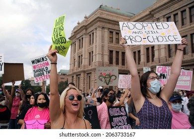 Austin, TX, USA - Oct. 2, 2021:  Two Women Participants At The Women's March Rally At The Capitol Protest SB 8, Texas' Abortion Law That Effectively Bans Abortions After Six Weeks Of Pregnancy.