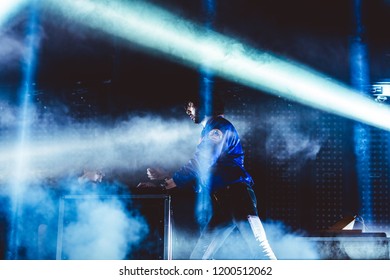 AUSTIN, TX / USA - OCTOBER 6th, 2018:  Gaspard Augé (Left) and Xavier de Rosnay (Right) of Justice performs onstage at Zilker Park during Austin City Limits 2018 Weekend One.