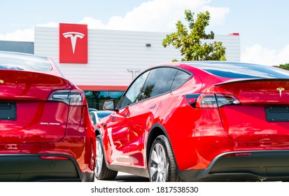 Austin, TX, USA - September 15, 2020: Tesla Motors in the growing pond springs location overflowing with Electric Tesla Vehicles 