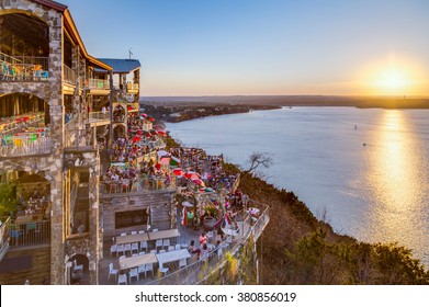Austin, TX/USA - circa February 2016: Sunset above Lake Travis from The Oasis restaurant in Austin, Texas