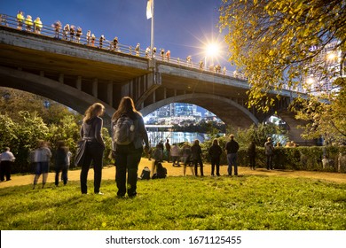 Austin, USA - November 10, 2016:  People Watch For Bats From Under The Congress Avenue Bridge In Downtown Austin Texas USA