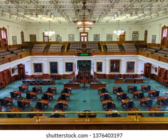 Austin,Texas / USA - January 18th, 2019: Interior Shot Of The Empty Senate Gallery In The Capitol Building