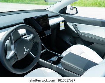 Austin,Texas / USA - September 12th 2020: The Hot Electric Car Startup Company Tesla Model Y With Gorgeous Stunning All White Interior With Minimalist Design And Large Screen To Control The Car