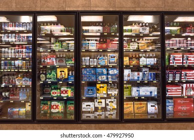 AUSTIN,US-AUG 13,2016:Various Bottles Of Craft, Microbrew, IPA, Domestic And Imported Beers From Around The World On Shelf Display In Supermarket Cooler.Alcohol Drinks Background, Different Beer Style