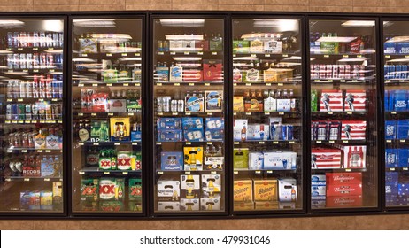 AUSTIN,US-AUG 13,2016:Various Bottles Of Craft, Microbrew, IPA, Domestic And Imported Beers From Around The World On Shelf Display In Supermarket Cooler.Alcohol Drinks Background, Different Beer Style