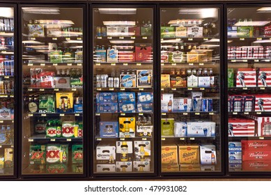 AUSTIN,US-AUG 13,2016:Various Bottles Of Craft, Microbrew, IPA, Domestic And Imported Beers From Around The World On Shelf Display In Supermarket Cooler.Alcohol Drinks Background, Different Beer Style