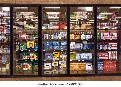 AUSTIN,US-AUG 13,2016:Various Bottles Of Craft, Microbrew, IPA, Domestic And Imported Beers From Around The World On Shelf Display In Supermarket Cooler.Alcohol Drinks Background, Different Beer Style