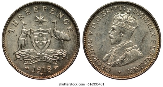 Australia Australian silver coin 3 three pence 1918, kangaroo and ostrich supporting shield, star above, date below, bust of King George V in ceremonial vestments left,  