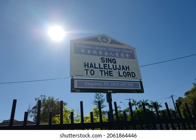 Australia Brisbane 14 Jul 2019 A sign with "Sign Hallelugah to the God" in a church. Chinese character is the Chinese name of the church