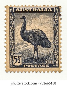 AUSTRALIA - CIRCA 1942: An Australian Used Postage Stamp showing an Emu ostrich.