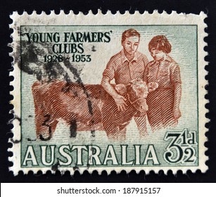 AUSTRALIA - CIRCA 1953: A Stamp printed in Australia shows the Boy and Girl with Calf, Young Farmers Clubs, 25th anniversary, circa 1953 