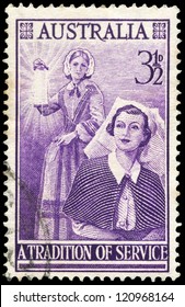 AUSTRALIA - CIRCA 1955: A Stamp Printed In AUSTRALIA Shows A Florence Nightingale (1820-1910) And Modern Nurse, Circa 1955