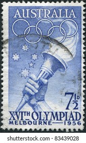 AUSTRALIA - CIRCA 1956: A Stamp Printed In Australia, Is Devoted To The Summer Olympics In Melbourne, Shows Southern Cross, Olympic Torch, Circa 1956