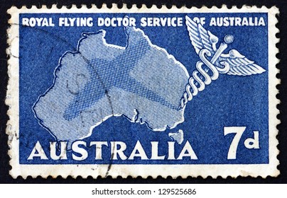 AUSTRALIA - CIRCA 1957: A Stamp Printed In The Australia Shows Caduceus And Map Of Australia, Royal Flying Doctor Service Of Australia, Circa 1957