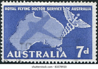 AUSTRALIA - CIRCA 1957: A Stamp Printed In Australia, Is Dedicated To Royal Flying Doctor Service Of Australia, Shows The Caduceus And Map Of Australia, Circa 1957