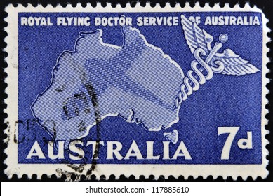 AUSTRALIA - CIRCA 1958: A Stamp Printed In Australia Shows Royal Flying Doctor Service Of Australia, Caduceus And Map Of Australia, Circa 1958