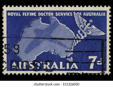 AUSTRALIA - CIRCA 1958: A Stamp Printed In Australia Shows Royal Flying Doctor Service Of Australia, Caduceus And Map Of Australia, Circa 1958