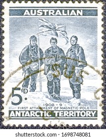 Australia - Circa 1959: Postage Stamp Printed In Australia With A Picture Of Alistair McKay, Edgeworth David And Douglas Mawson At The South Pole On January 16, 1909. Ernest Shackleton Expedition