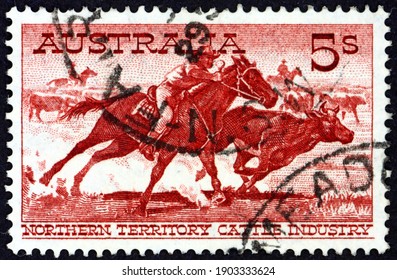 AUSTRALIA - CIRCA 1961: A Stamp Printed In Australia Shows Aboriginal Stockman Cutting Out A Steer, Circa 1961